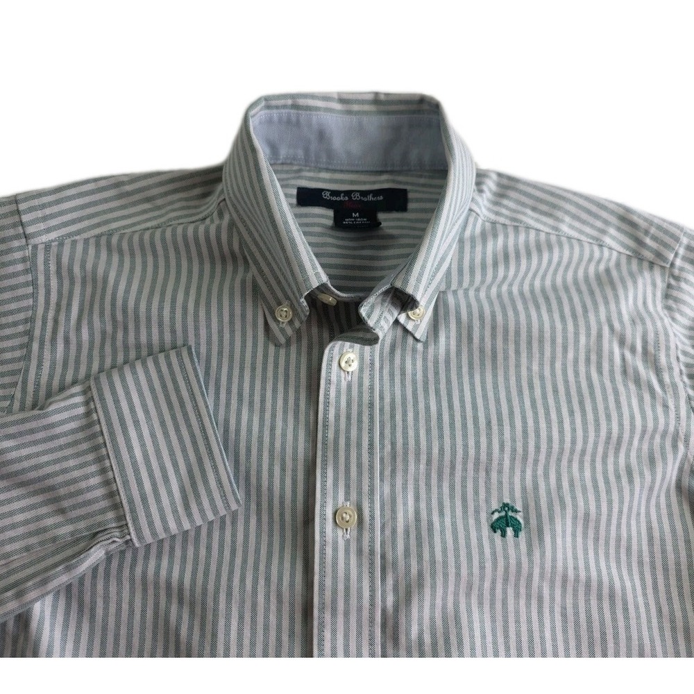 Brooks Brothers Fleece Boys MEDIUM STRETCH Shirt GREEN Stripe Embroidered Logo